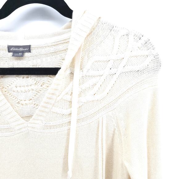 Eddie Bauer Heritage Classic XS Cream Cozy Cable Knit Hooded Sweater Rolled Hem - Picture 4 of 11